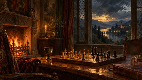 Chess game mid-play by firelight – tonal oil painting Frame TV art