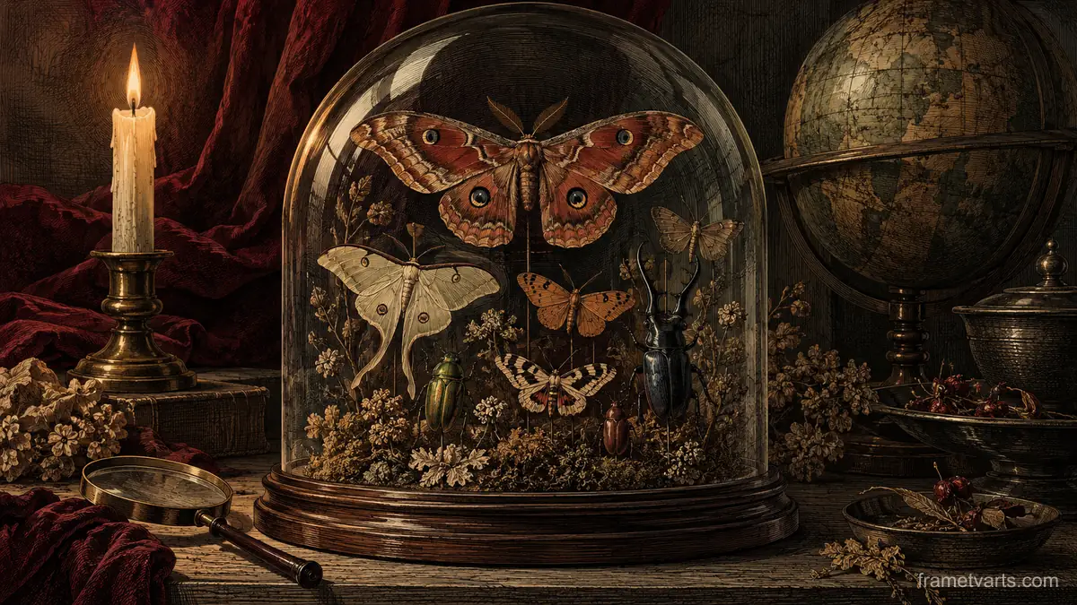 Pressed moths and beetles under a glass dome – vintage plate engraving Samsung Frame TV art, 4K