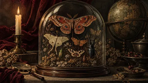 Pressed moths and beetles under a glass dome – vintage plate engraving Frame TV art
