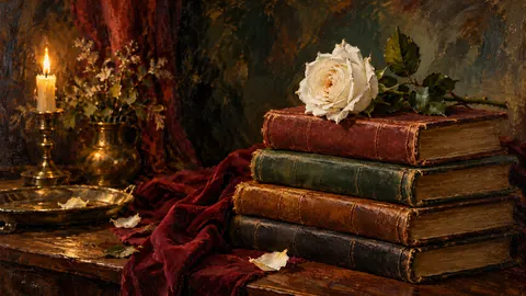 Stack of worn books and a single white rose – impressionist oil painting Frame TV art