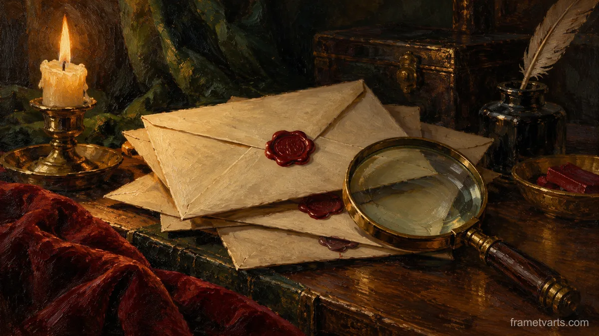 Wax-sealed envelopes and a magnifying glass – tonal oil painting Samsung Frame TV art, 4K