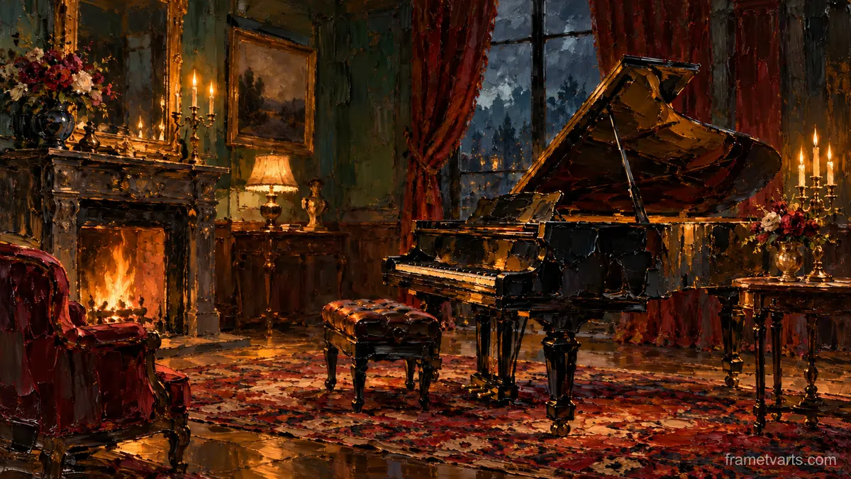 Grand piano in a dim drawing room – expressive palette-knife painting Samsung Frame TV art, 4K