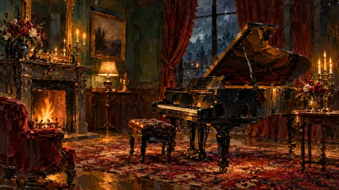 Grand piano in a dim drawing room – expressive palette-knife painting Frame TV art