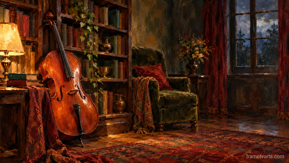 Cello leaning against a bookshelf in lamplight – atmospheric oil painting Samsung Frame TV art, 4K