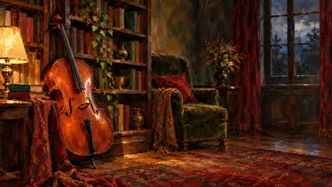 Cello leaning against a bookshelf in lamplight – atmospheric oil painting Frame TV art