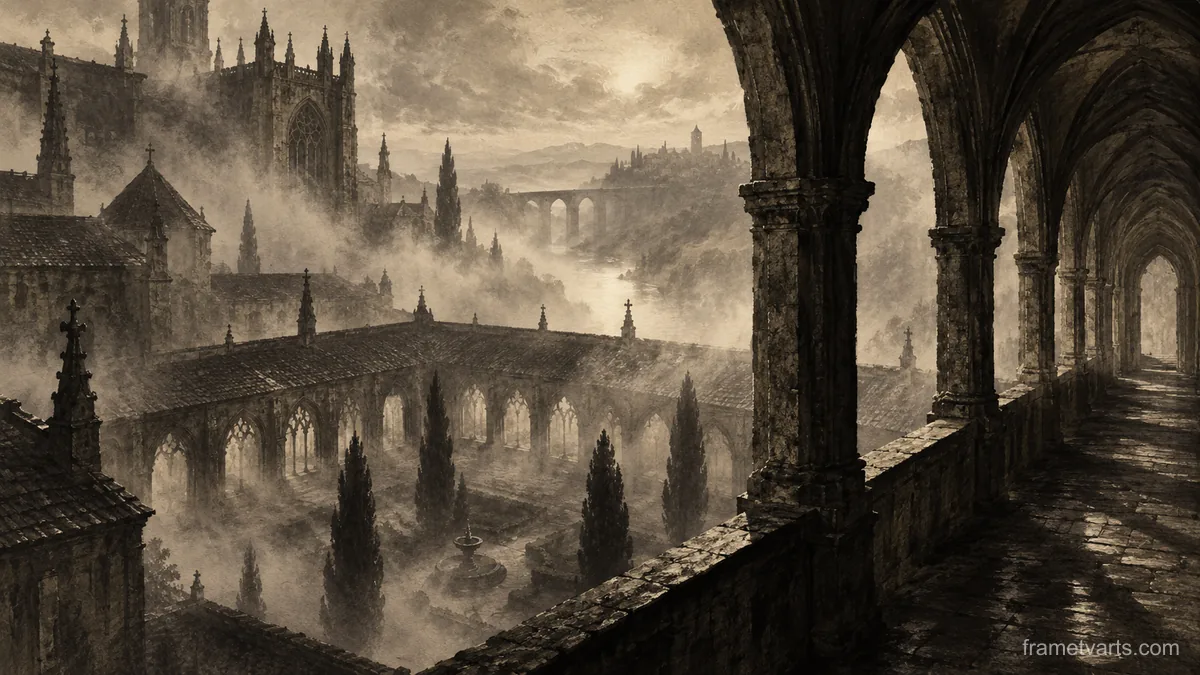 Gothic cloister in fog – monochrome minimalist abstraction Samsung Frame TV art, 4K