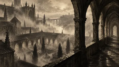 Gothic cloister in fog – monochrome minimalist abstraction Frame TV art