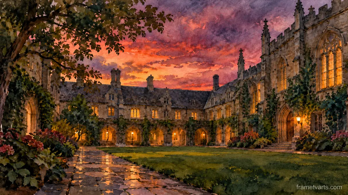 Stone quadrangle at dusk with lit windows – loose watercolor Samsung Frame TV art, 4K