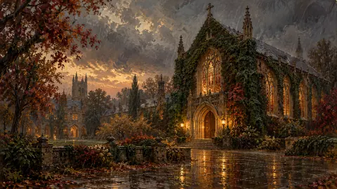 Ivy-covered college chapel in rain – atmospheric oil painting Frame TV art