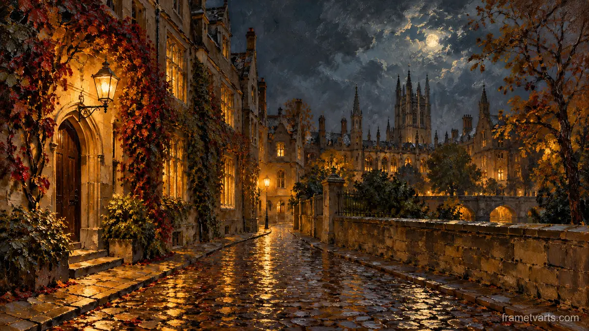 Cobbled lane of an old university town at night – impressionist oil painting Samsung Frame TV art, 4K