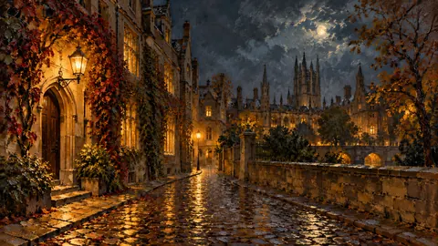 Cobbled lane of an old university town at night – impressionist oil painting Frame TV art