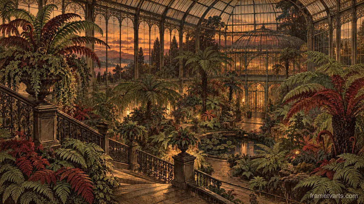 Greenhouse of rare ferns at dusk – vintage plate engraving Samsung Frame TV art, 4K