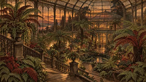 Greenhouse of rare ferns at dusk – vintage plate engraving Frame TV art
