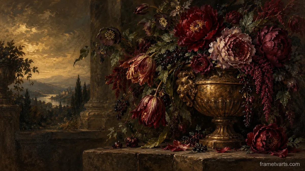 Dark florals spilling from a bronze urn – tonal oil painting Samsung Frame TV art, 4K