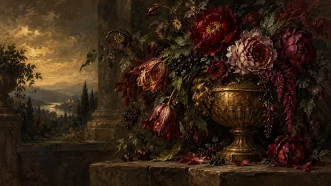 Dark florals spilling from a bronze urn – tonal oil painting Frame TV art