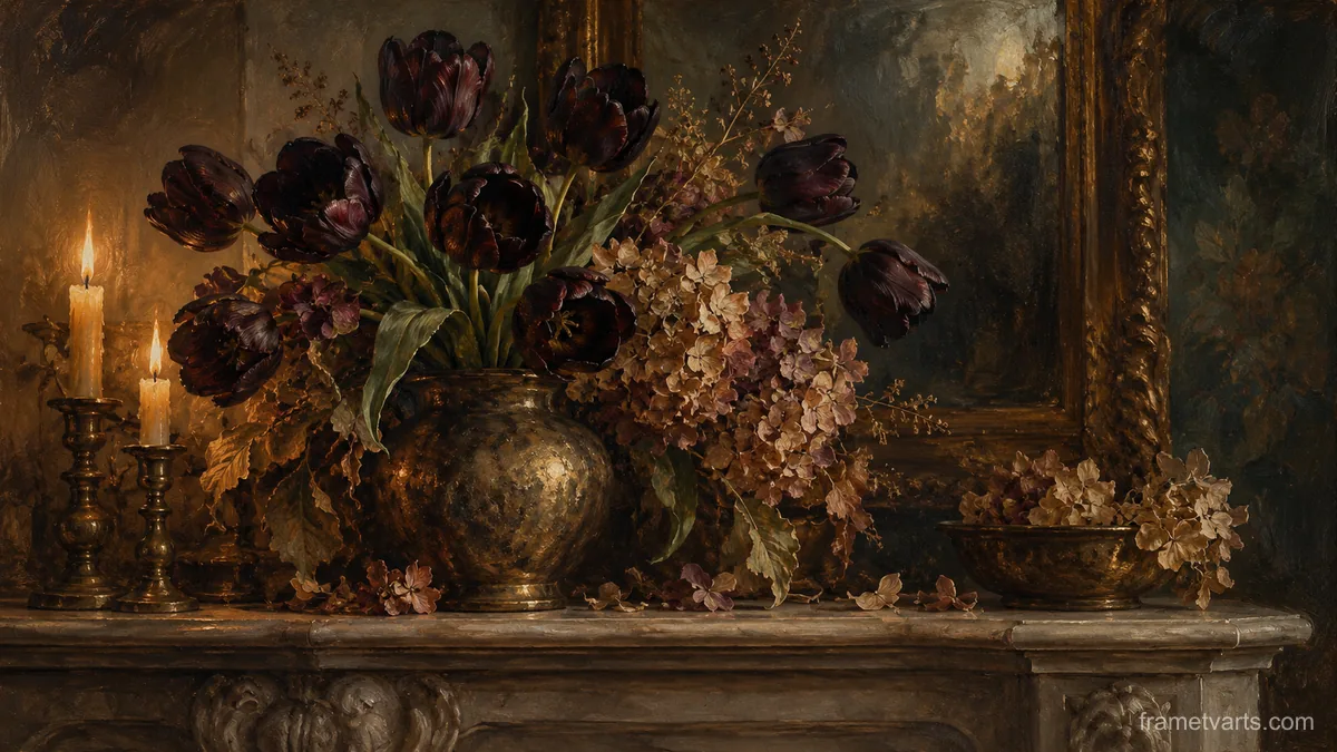 Black tulips and dried hydrangea on a mantel – atmospheric oil painting Samsung Frame TV art, 4K