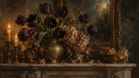 Black tulips and dried hydrangea on a mantel – atmospheric oil painting Frame TV art