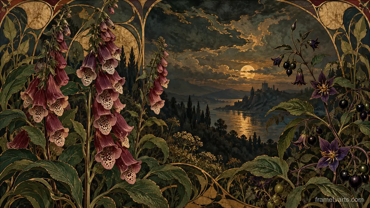 Foxglove and nightshade botanical in the dark – decorative art nouveau painting Samsung Frame TV art, 4K