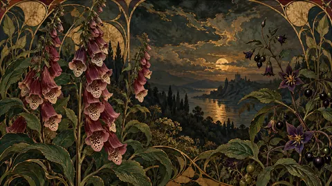 Foxglove and nightshade botanical in the dark – decorative art nouveau painting Frame TV art
