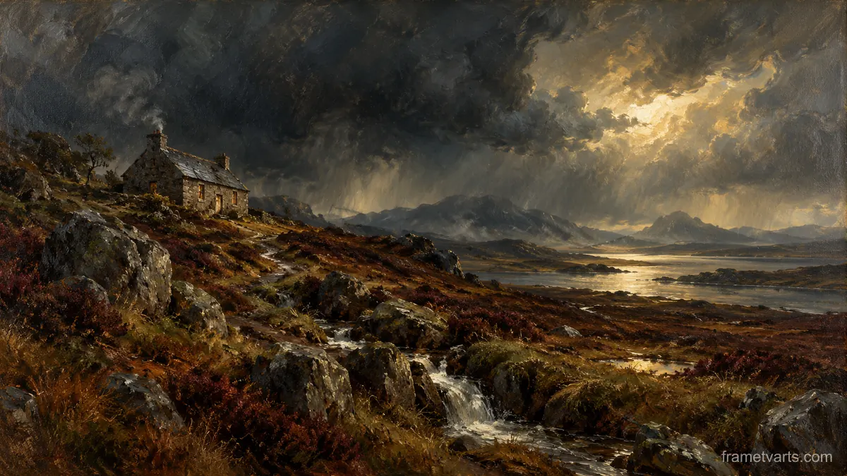 Stormy moor with a lone stone house – atmospheric oil painting Samsung Frame TV art, 4K