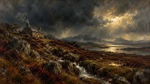 Stormy moor with a lone stone house – atmospheric oil painting Frame TV art