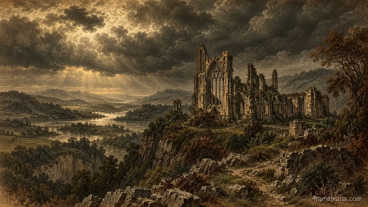 Ruined abbey under a heavy sky – vintage plate engraving Samsung Frame TV art, 4K
