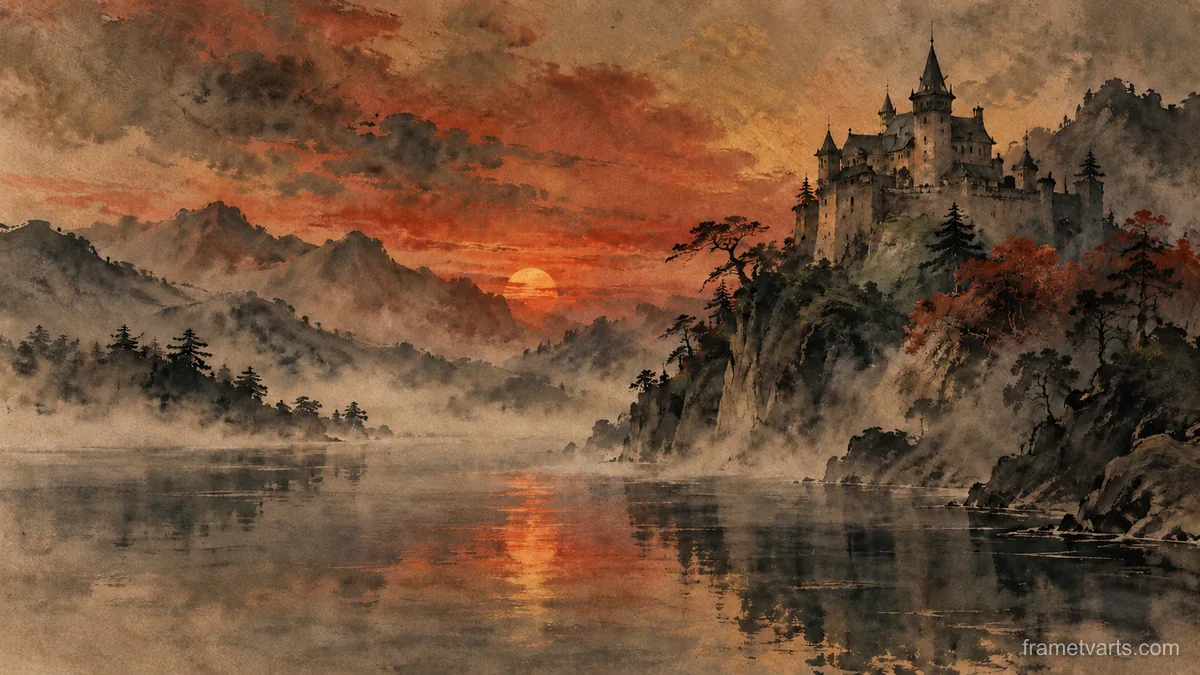Misty lake below a castle at dusk – zen sumi-e ink wash Samsung Frame TV art, 4K