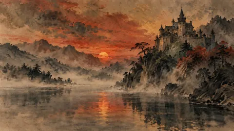 Misty lake below a castle at dusk – zen sumi-e ink wash Frame TV art
