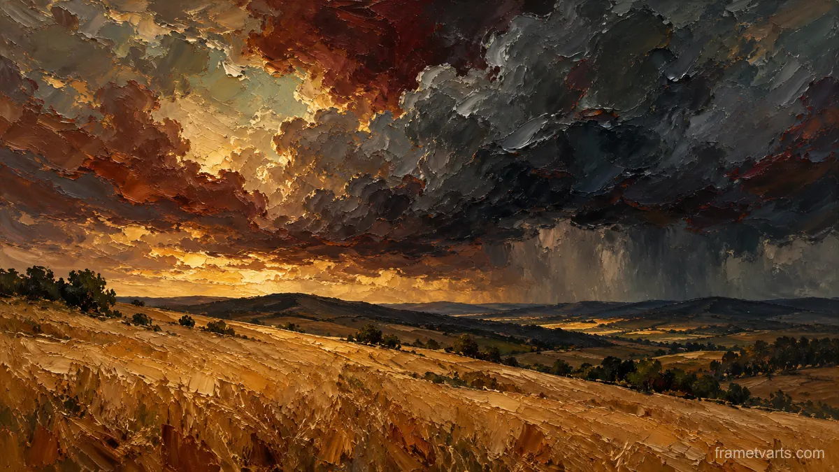 Thunderclouds over a wheat-coloured hill – expressive palette-knife painting Samsung Frame TV art, 4K