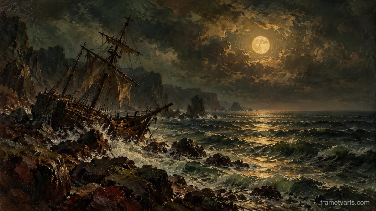 Moonlit sea and a shipwreck – atmospheric oil painting Samsung Frame TV art, 4K