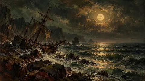 Moonlit sea and a shipwreck – atmospheric oil painting Frame TV art