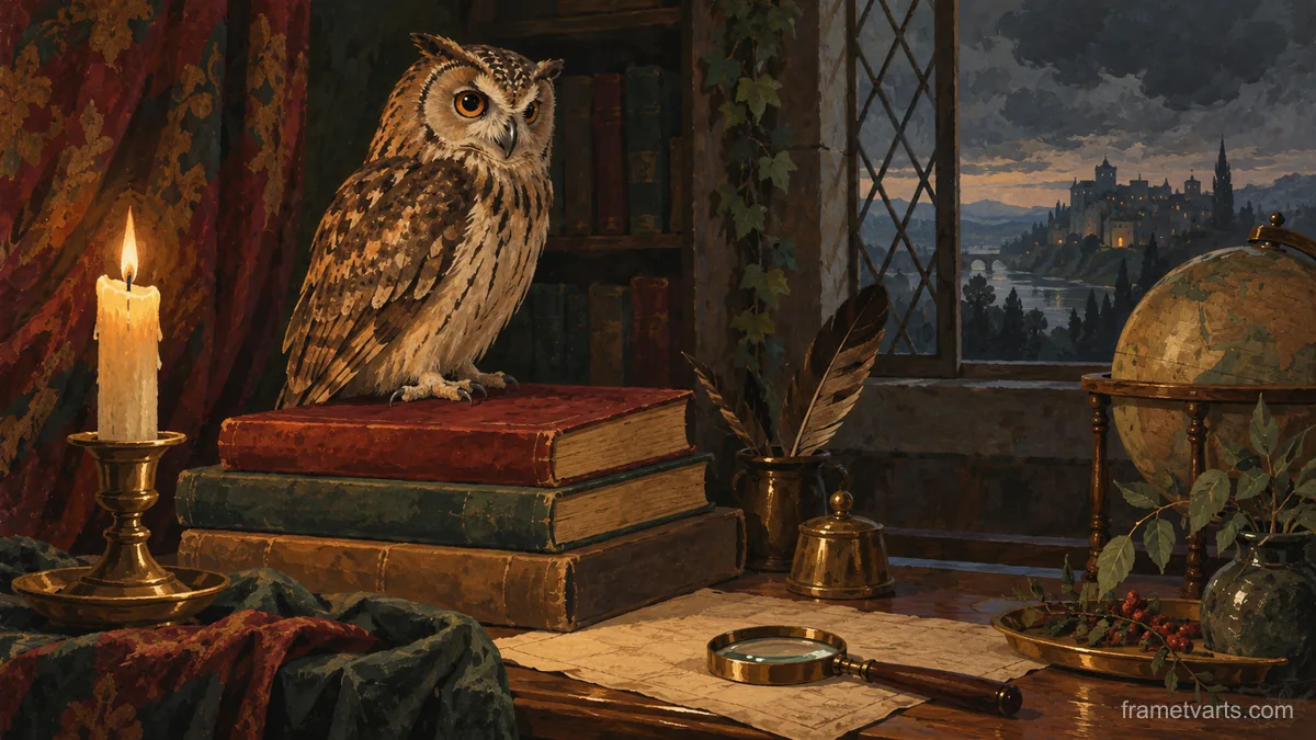 Owl perched on a stack of old books – naturalist gouache Samsung Frame TV art, 4K