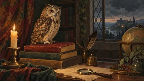 Owl perched on a stack of old books – naturalist gouache Frame TV art