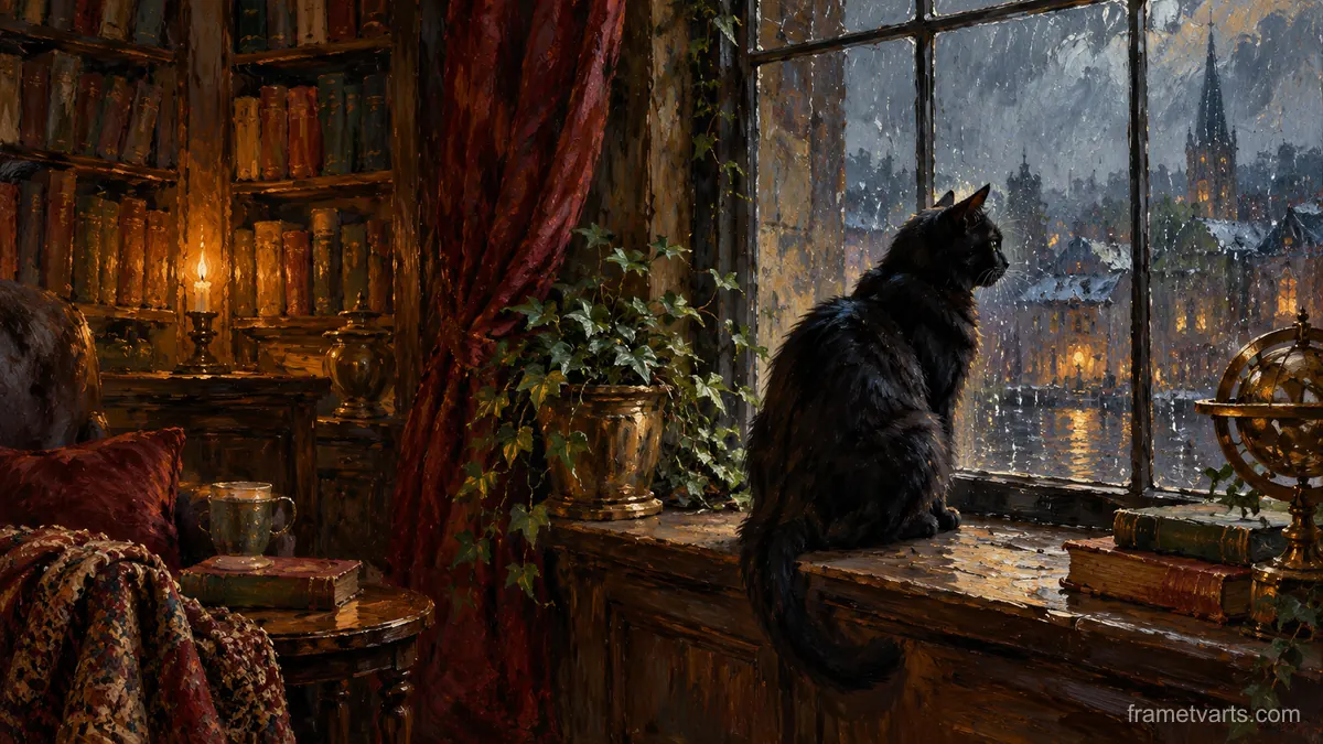 Black cat on a library windowsill in rain – impressionist oil painting Samsung Frame TV art, 4K
