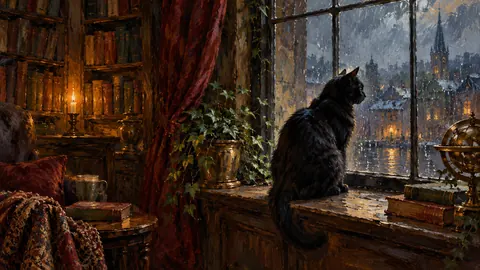 Black cat on a library windowsill in rain – impressionist oil painting Frame TV art