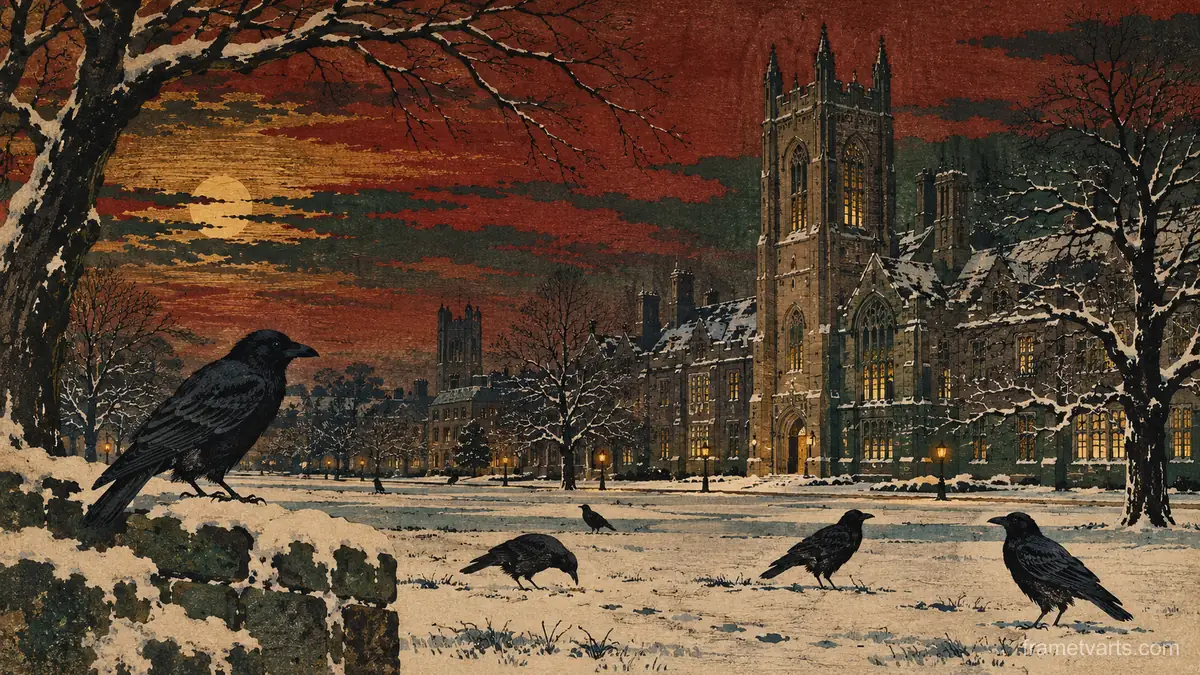 Crows on a snowy university lawn – japanese-inspired woodblock print Samsung Frame TV art, 4K