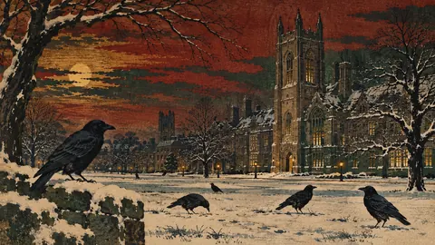 Crows on a snowy university lawn – japanese-inspired woodblock print Frame TV art
