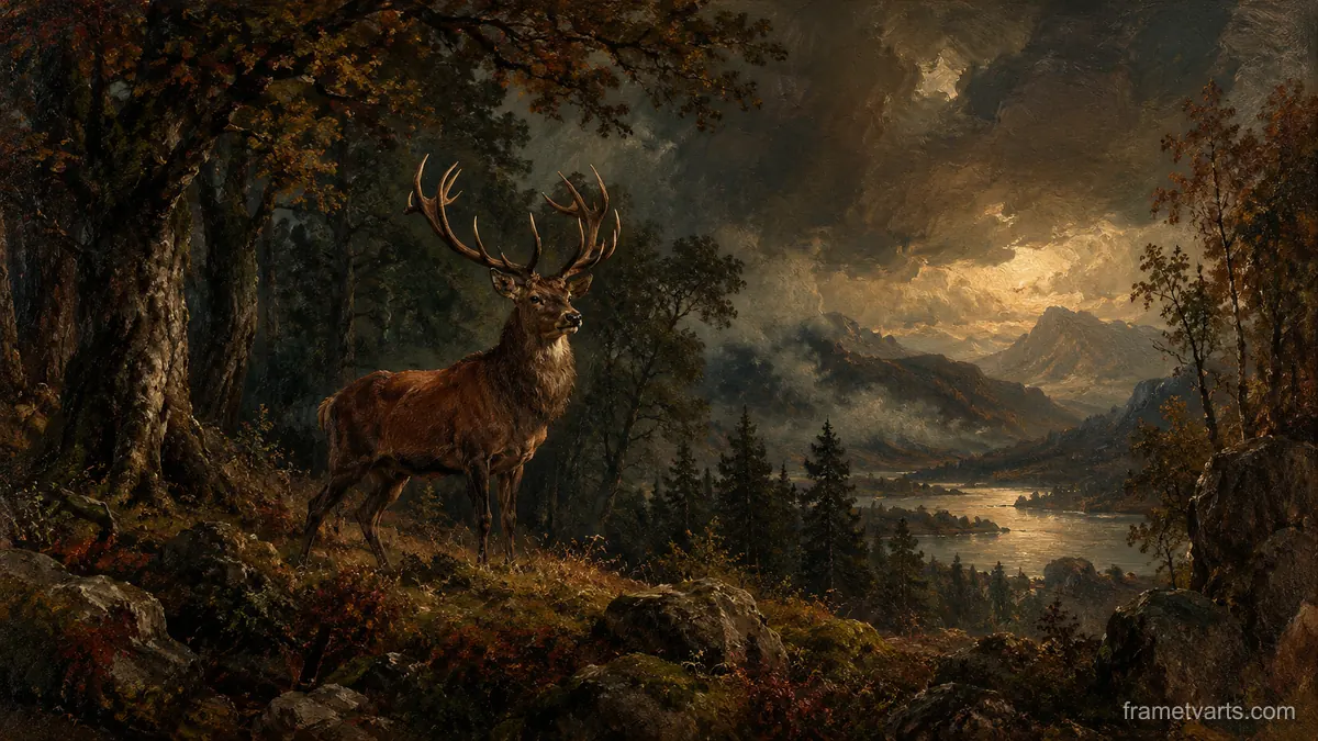 Stag in a dark forest clearing – tonal oil painting Samsung Frame TV art, 4K