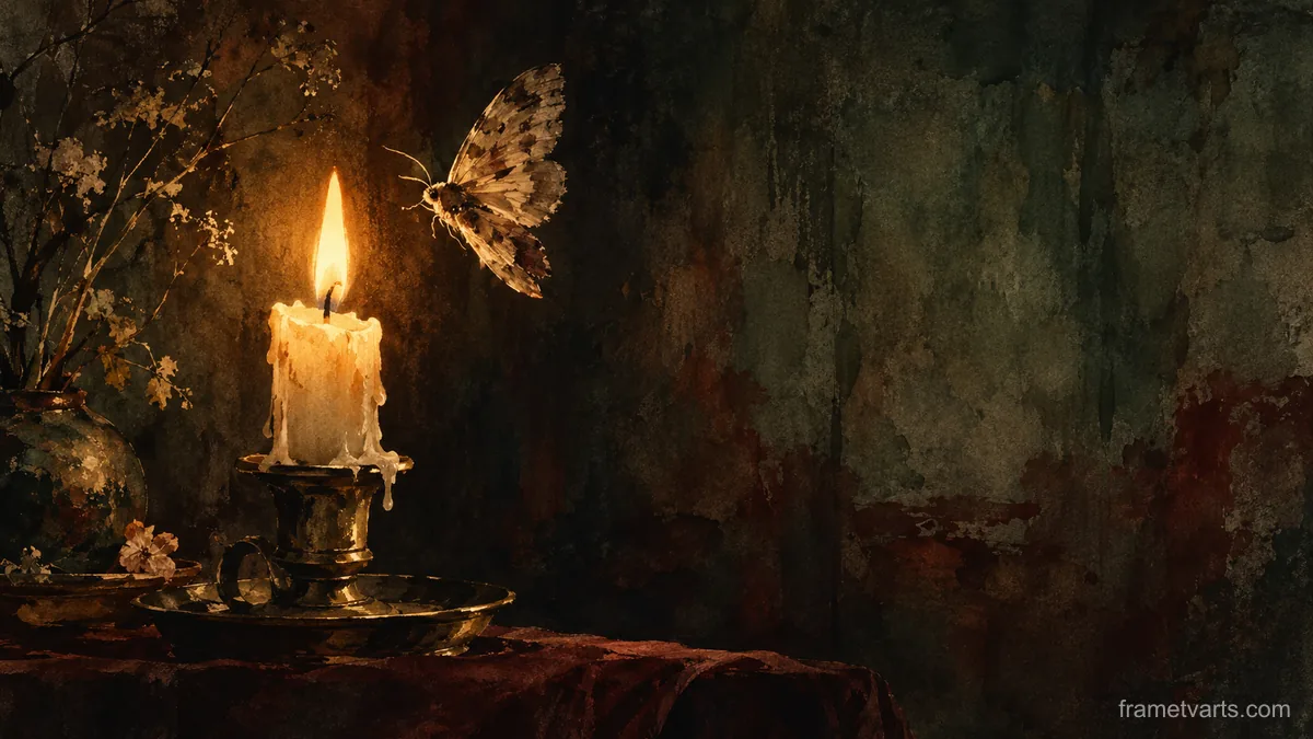 Moth drawn to a candle flame – minimal ink and wash Samsung Frame TV art, 4K