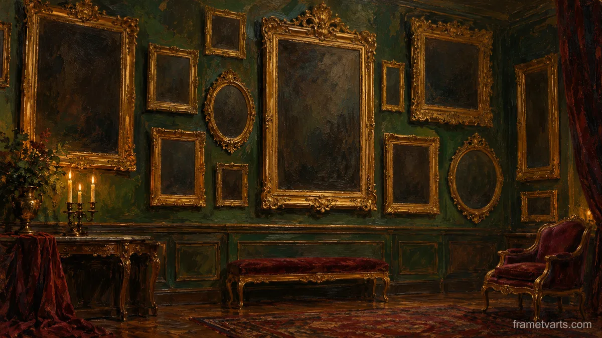 Gallery of empty gilt frames on a green wall – impressionist oil painting Samsung Frame TV art, 4K