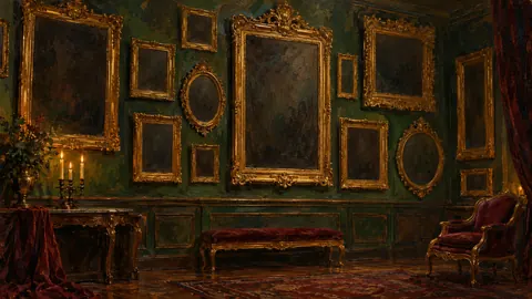 Gallery of empty gilt frames on a green wall – impressionist oil painting Frame TV art
