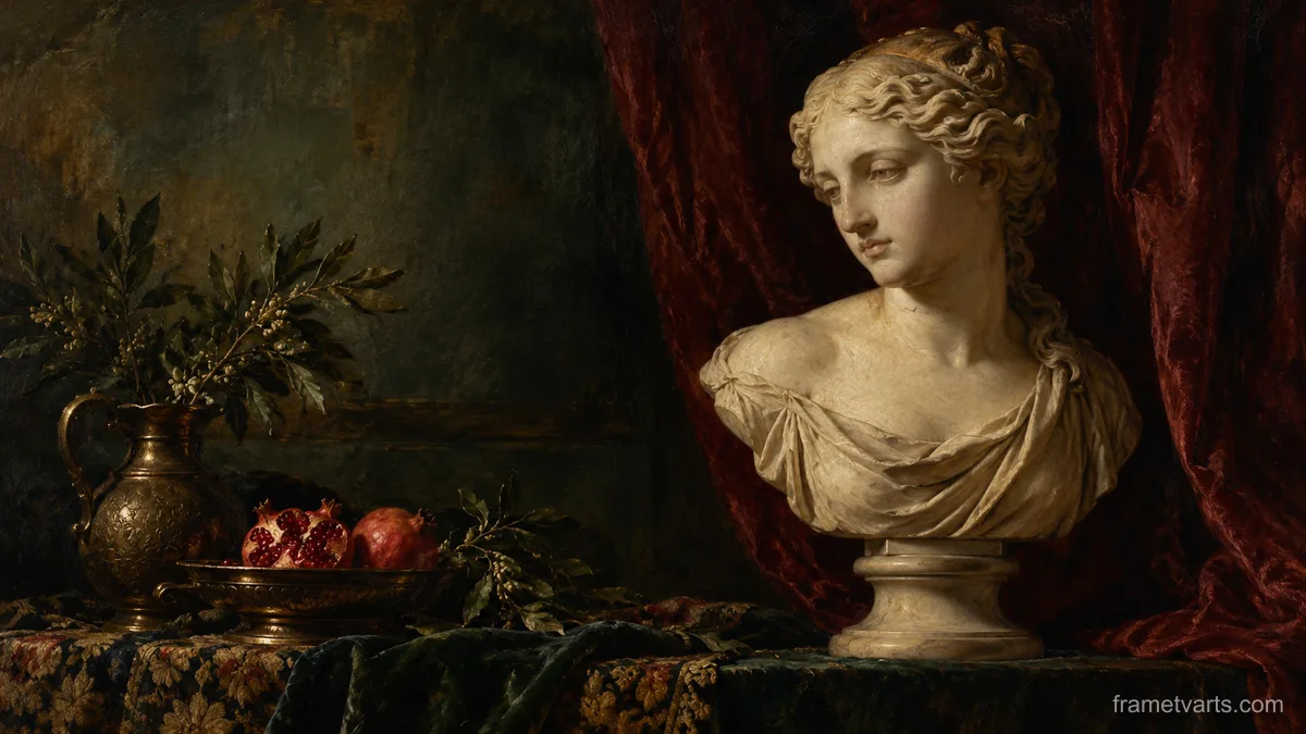 Classical marble bust beside a dark curtain – classical devotional oil painting Samsung Frame TV art, 4K