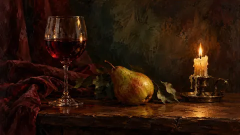 Wine glass, pear and candle stub on dark oak – tonal oil painting Frame TV art
