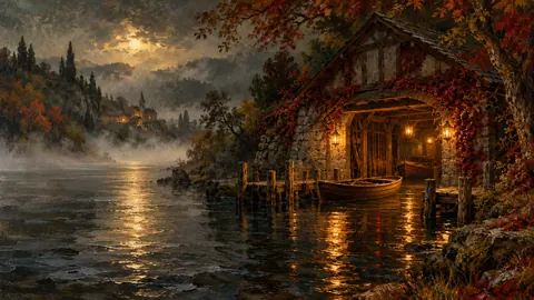 Lantern-lit rowing boathouse on a misty river – atmospheric oil painting Frame TV art