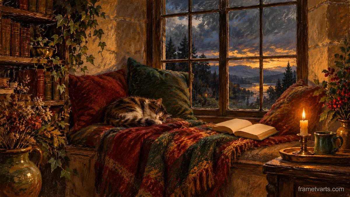 Reading nook in a deep window with a wool blanket – soft pastel drawing Samsung Frame TV art, 4K
