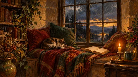 Reading nook in a deep window with a wool blanket – soft pastel drawing Frame TV art