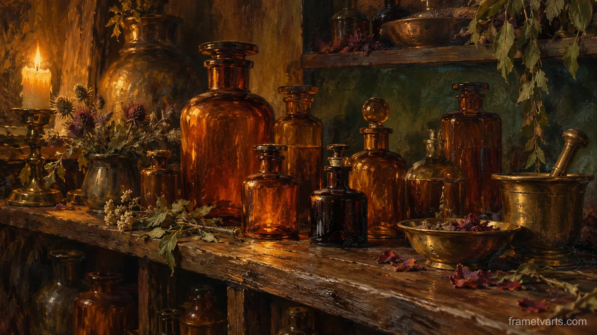 Shelf of apothecary bottles in amber glass – tonal oil painting Samsung Frame TV art, 4K