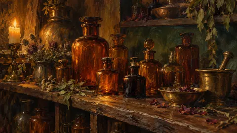 Shelf of apothecary bottles in amber glass – tonal oil painting Frame TV art