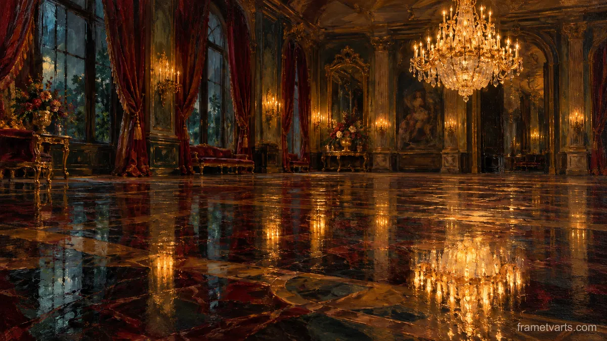 Chandelier reflected in a dark ballroom floor – atmospheric oil painting Samsung Frame TV art, 4K