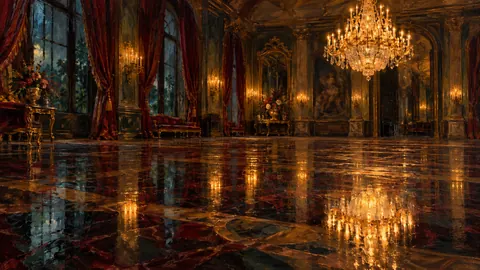 Chandelier reflected in a dark ballroom floor – atmospheric oil painting Frame TV art